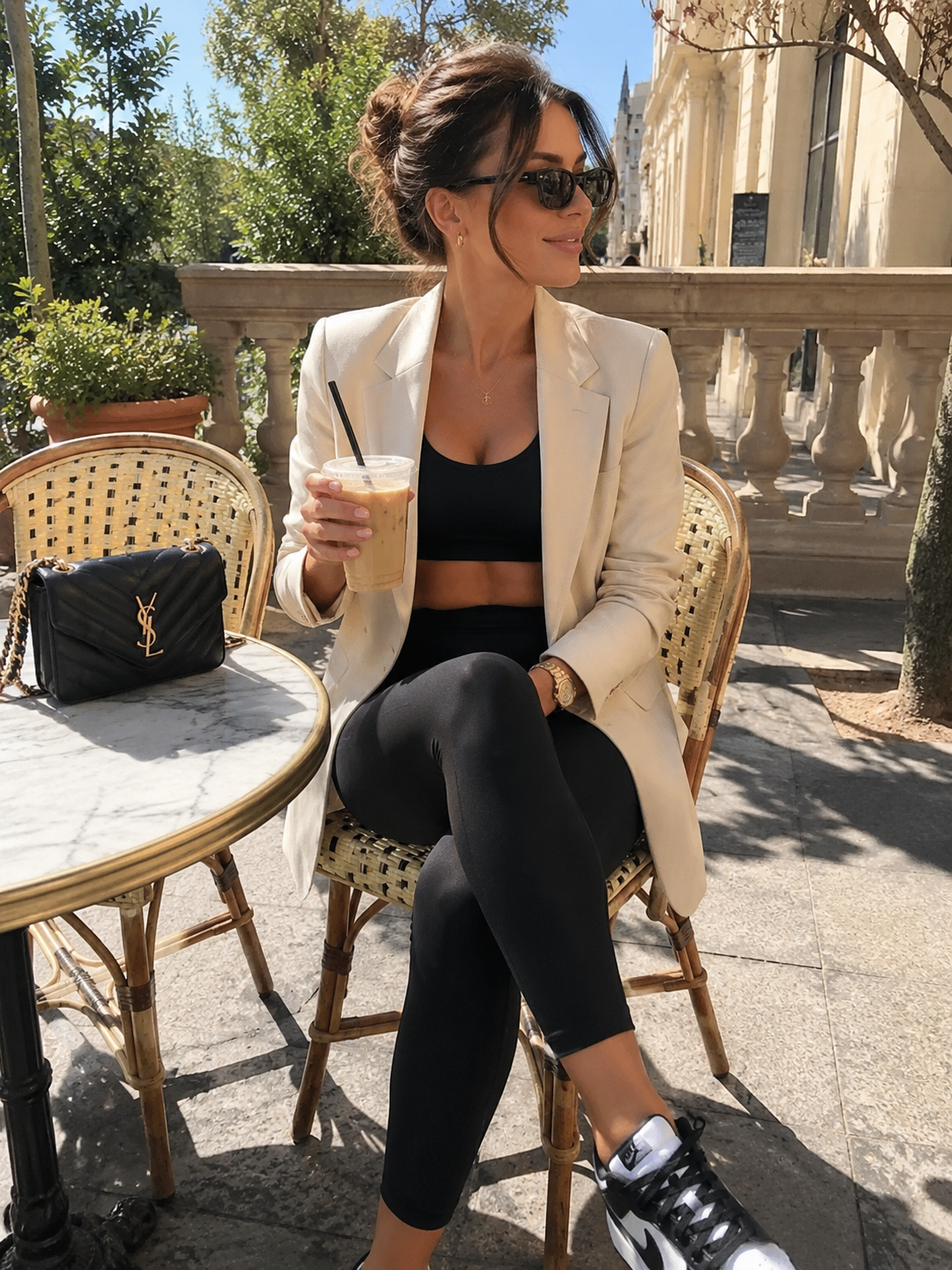 Femme 40 ans en tenue athleisure sport chic — legging et blazer — AERA sportswear made in Europe